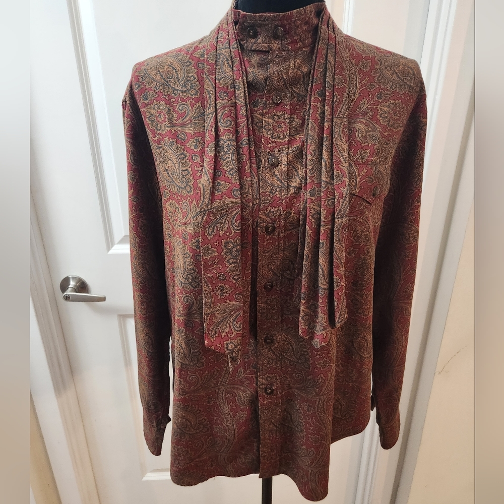 Vintage Ralph Lauren Brown Paisley print Blouse. Bow Neck Sz 12